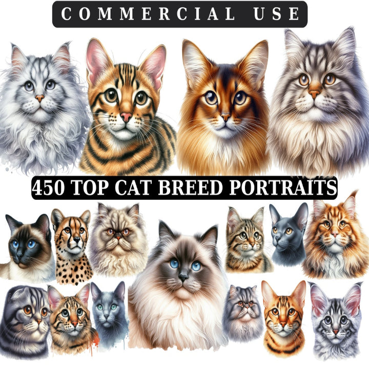 Watercolor Cat Breeds Clipart: 50 Hand-Drawn Kitties (Digital Download)