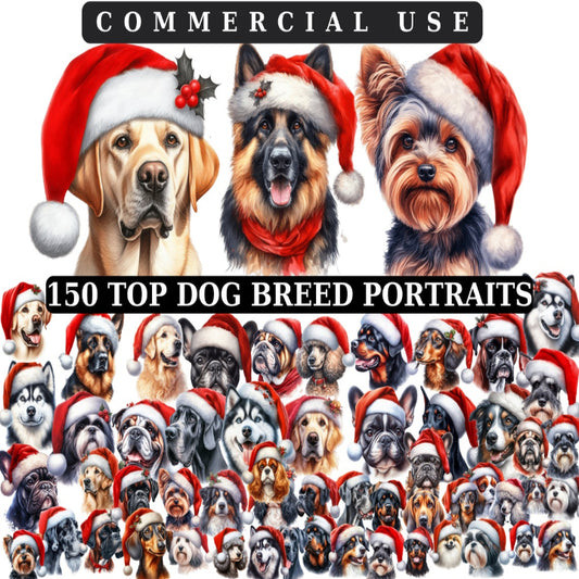 Watercolor Christmas Dogs Clipart Bundle: Dog Breeds PNG (Digital Paper)